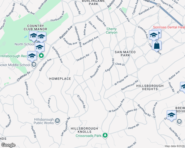 map of restaurants, bars, coffee shops, grocery stores, and more near 830 Bromfield Road in San Mateo