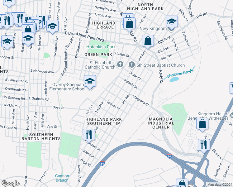 map of restaurants, bars, coffee shops, grocery stores, and more near 2502 3rd Avenue in Richmond