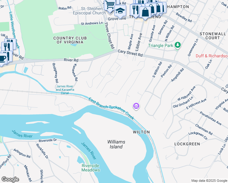 map of restaurants, bars, coffee shops, grocery stores, and more near 116 Tempsford Lane in Richmond