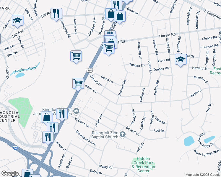 map of restaurants, bars, coffee shops, grocery stores, and more near 1806 Oak Hill Lane in Richmond