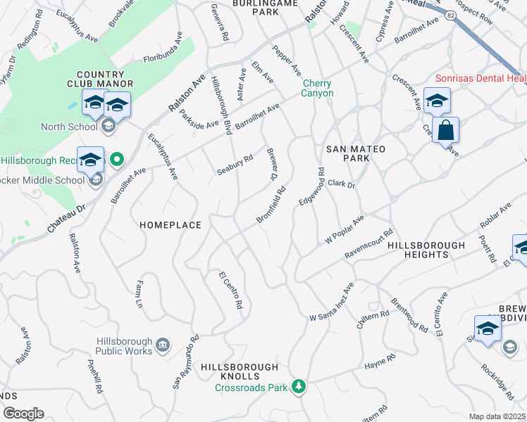 map of restaurants, bars, coffee shops, grocery stores, and more near 830 Bromfield Road in San Mateo