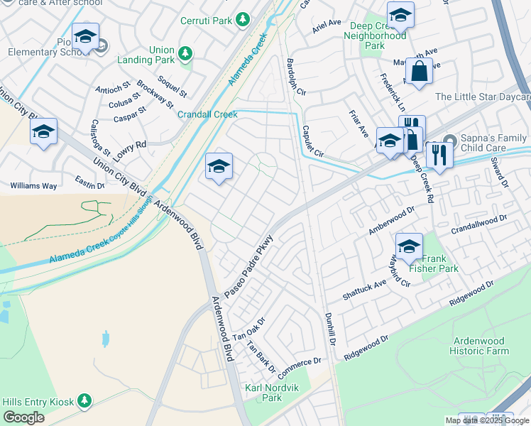 map of restaurants, bars, coffee shops, grocery stores, and more near 33964 Horseshoe Loop in Fremont