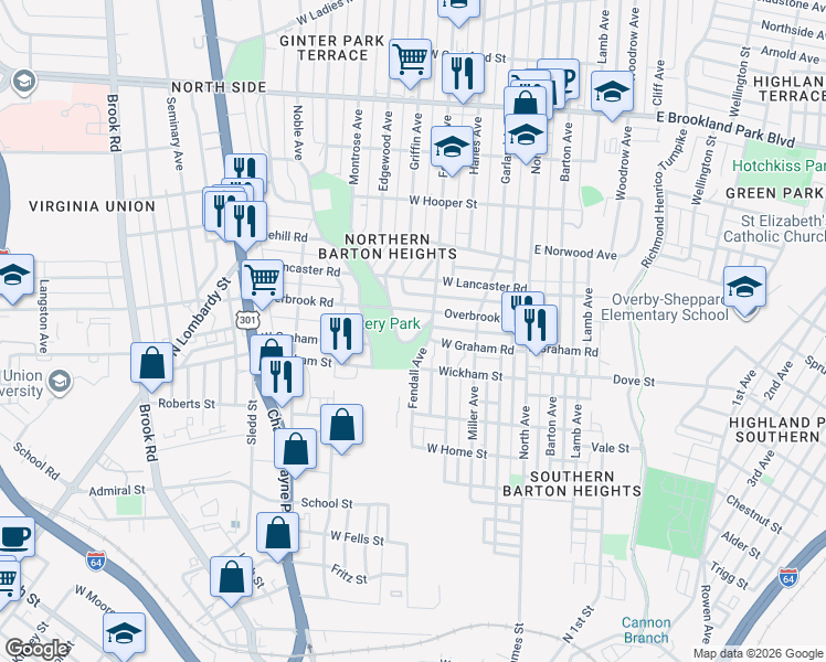 map of restaurants, bars, coffee shops, grocery stores, and more near 2401 The Terrace in Richmond