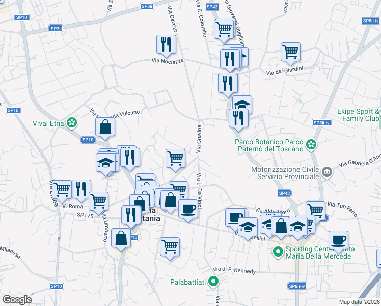 map of restaurants, bars, coffee shops, grocery stores, and more near 10 Via Giovanni Gentile in Tremestieri Etneo