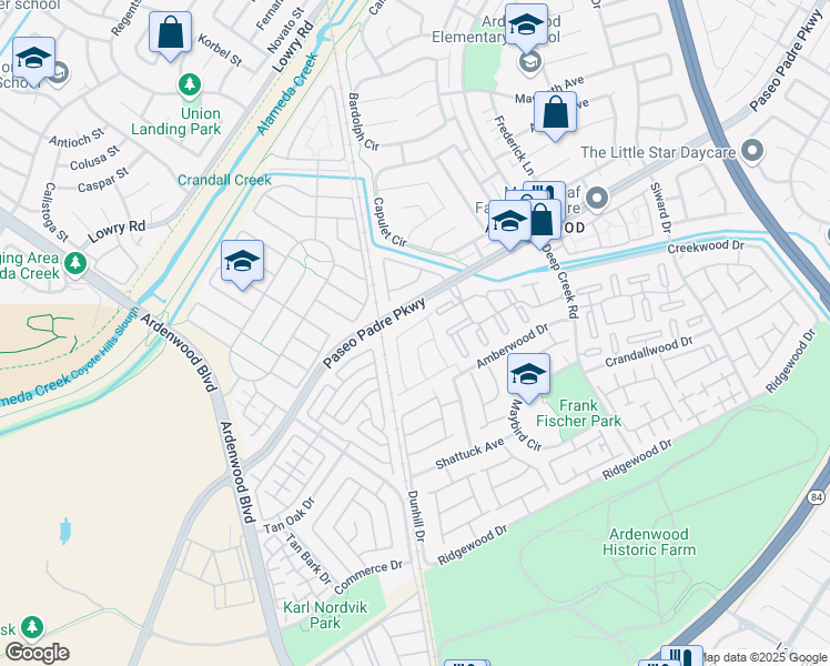 map of restaurants, bars, coffee shops, grocery stores, and more near 34152 Finnigan Terrace in Fremont