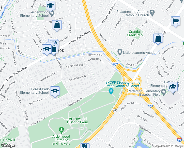 map of restaurants, bars, coffee shops, grocery stores, and more near 4945 Conway Terrace in Fremont