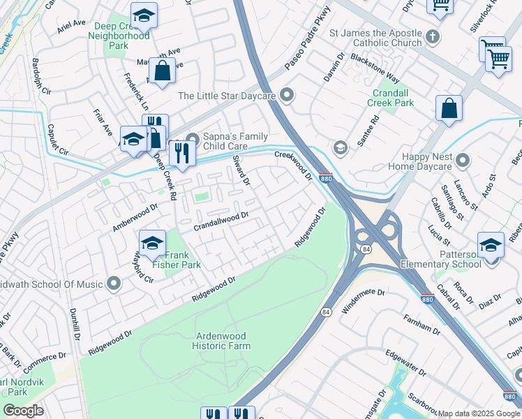 map of restaurants, bars, coffee shops, grocery stores, and more near 4945 Conway Terrace in Fremont