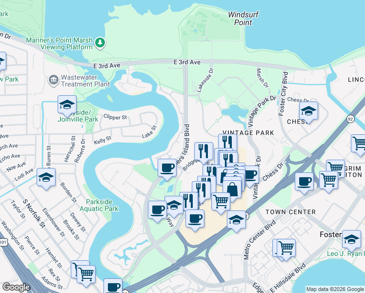 map of restaurants, bars, coffee shops, grocery stores, and more near 655 Mariners Island Boulevard in San Mateo