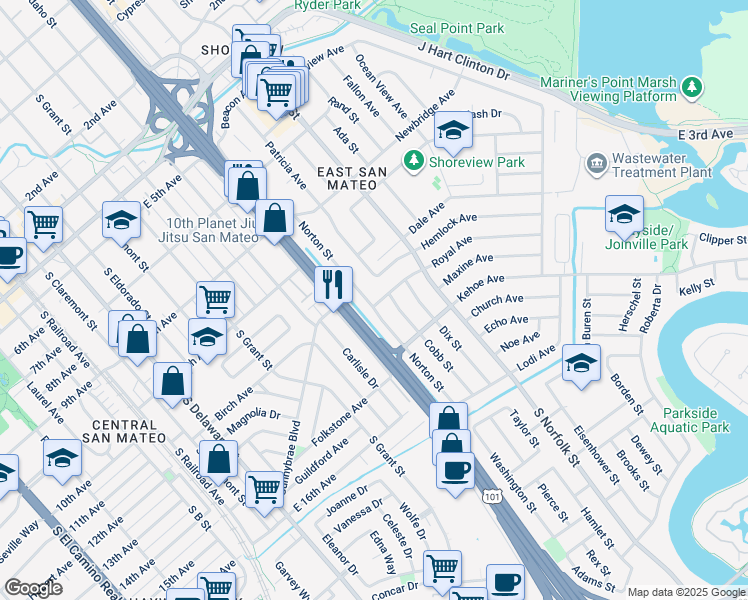 map of restaurants, bars, coffee shops, grocery stores, and more near 1308 Royal Avenue in San Mateo
