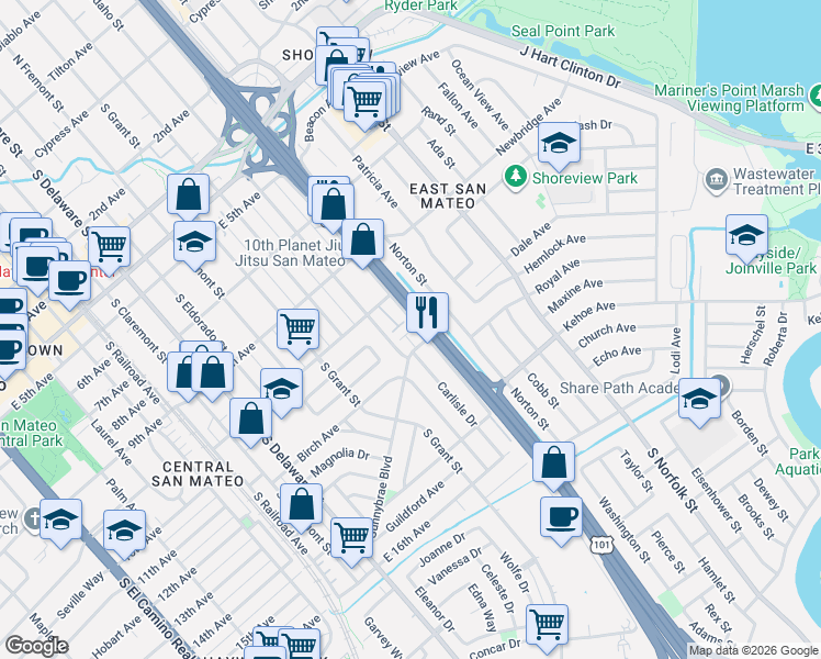 map of restaurants, bars, coffee shops, grocery stores, and more near 1102 South Hummingbird Lane in San Mateo