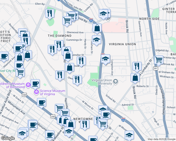 map of restaurants, bars, coffee shops, grocery stores, and more near 2408 Ownby Ln in Richmond
