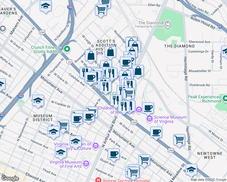 map of restaurants, bars, coffee shops, grocery stores, and more near 1106 North Sheppard Street in Richmond