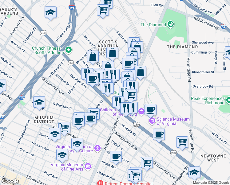 map of restaurants, bars, coffee shops, grocery stores, and more near 1106 North Sheppard Street in Richmond