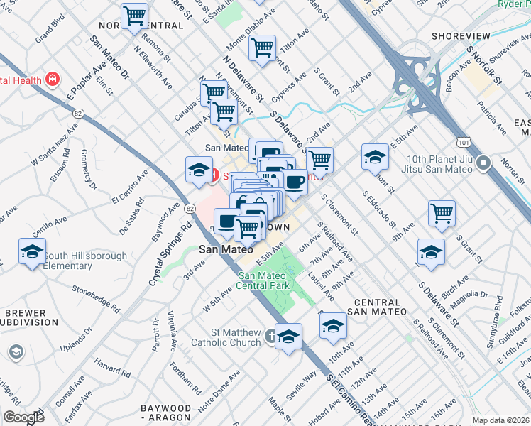 map of restaurants, bars, coffee shops, grocery stores, and more near in San Mateo