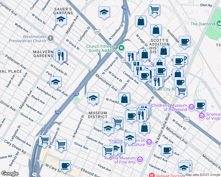 map of restaurants, bars, coffee shops, grocery stores, and more near 3321 Monument Avenue in Richmond