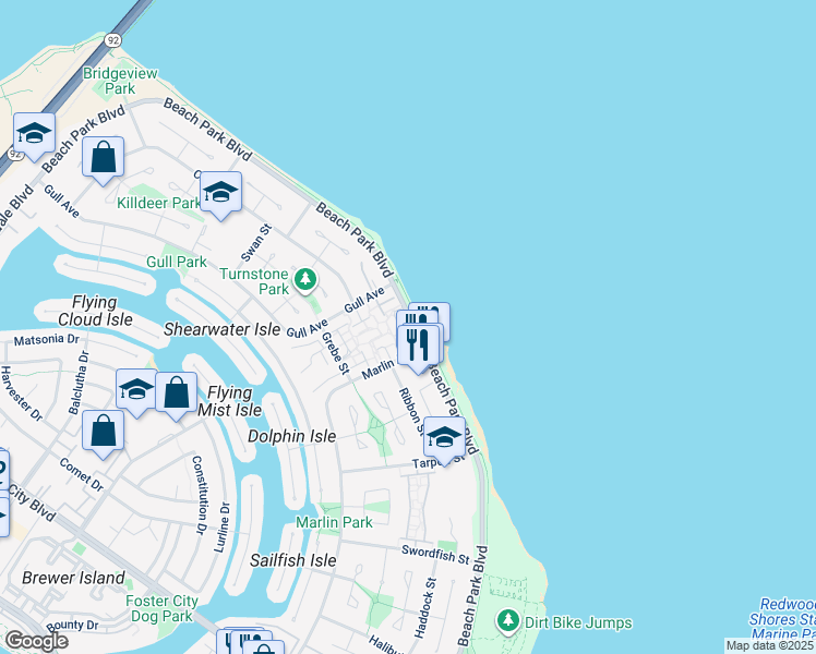 map of restaurants, bars, coffee shops, grocery stores, and more near in Foster City
