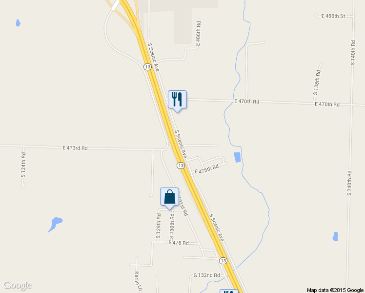 map of restaurants, bars, coffee shops, grocery stores, and more near 5400 South Scenic Avenue in Bolivar