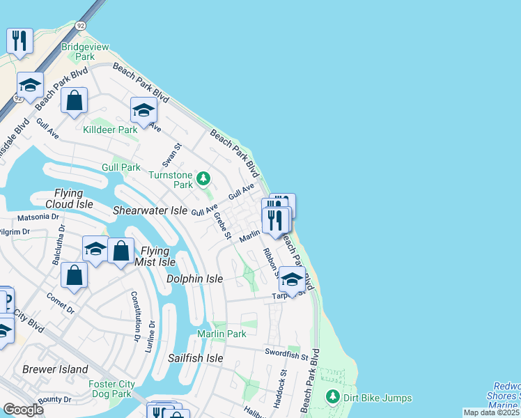 map of restaurants, bars, coffee shops, grocery stores, and more near 1471 Marlin Avenue in Foster City