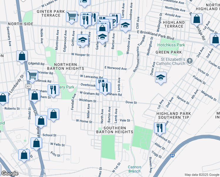 map of restaurants, bars, coffee shops, grocery stores, and more near 2408 Barton Avenue in Richmond