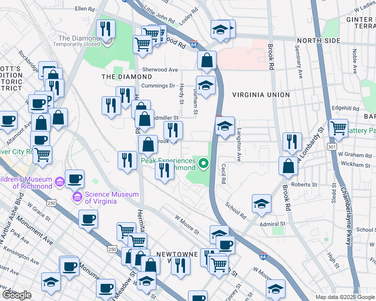 map of restaurants, bars, coffee shops, grocery stores, and more near 2408 Ownby Ln in Richmond