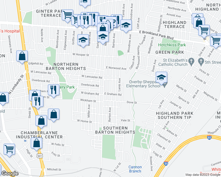 map of restaurants, bars, coffee shops, grocery stores, and more near 2408 Barton Avenue in Richmond