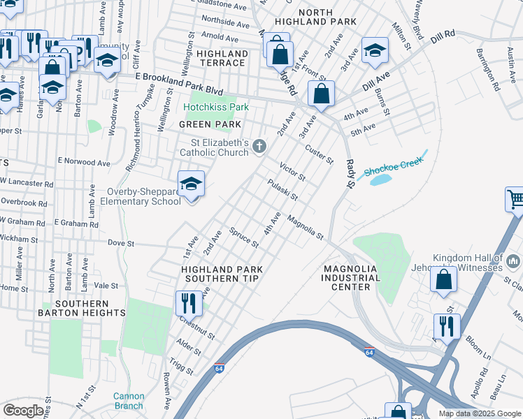 map of restaurants, bars, coffee shops, grocery stores, and more near 2513 3rd Avenue in Richmond