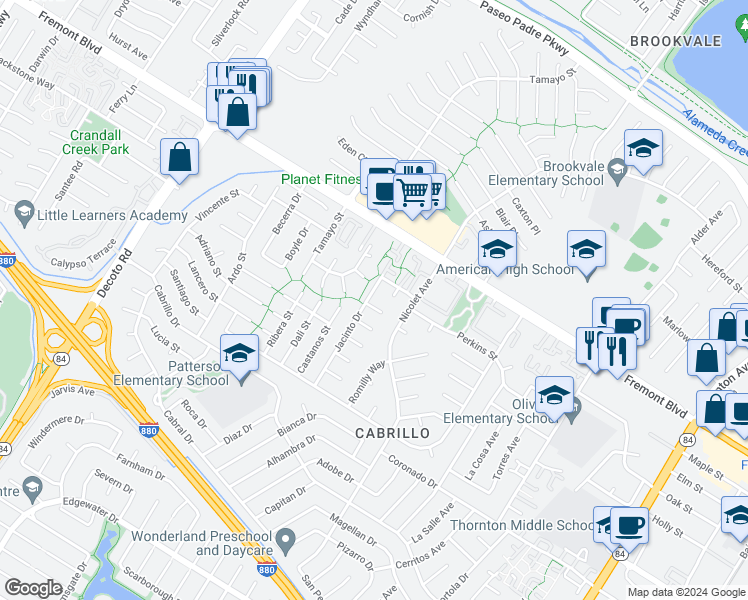 map of restaurants, bars, coffee shops, grocery stores, and more near 34854 Molina Court in Fremont