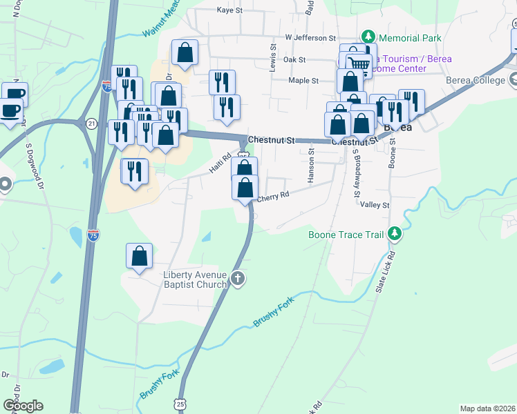 map of restaurants, bars, coffee shops, grocery stores, and more near 205 Mount Vernon Road in Berea