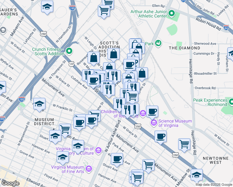 map of restaurants, bars, coffee shops, grocery stores, and more near 1106 North Sheppard Street in Richmond