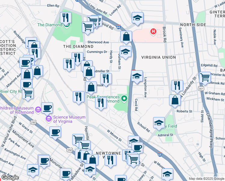 map of restaurants, bars, coffee shops, grocery stores, and more near 2419 Ownby Lane in Richmond