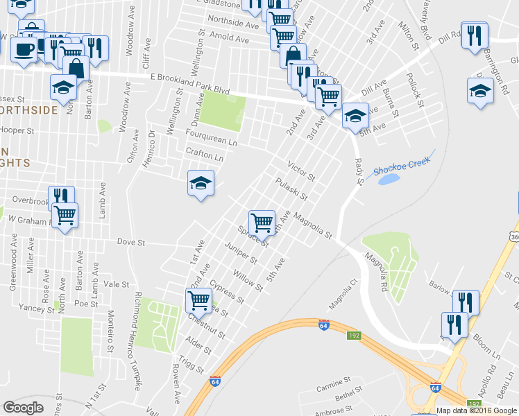 map of restaurants, bars, coffee shops, grocery stores, and more near 2504 3rd Avenue in Richmond