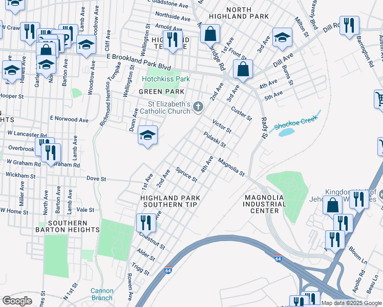 map of restaurants, bars, coffee shops, grocery stores, and more near 2504 3rd Avenue in Richmond