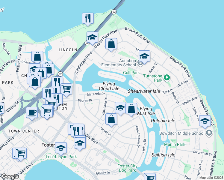 map of restaurants, bars, coffee shops, grocery stores, and more near in Foster City