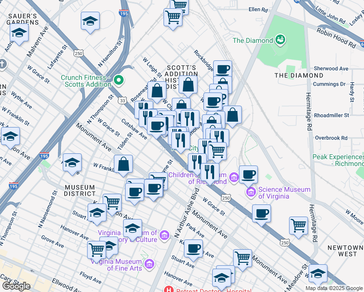 map of restaurants, bars, coffee shops, grocery stores, and more near 2930 West Broad Street in Richmond