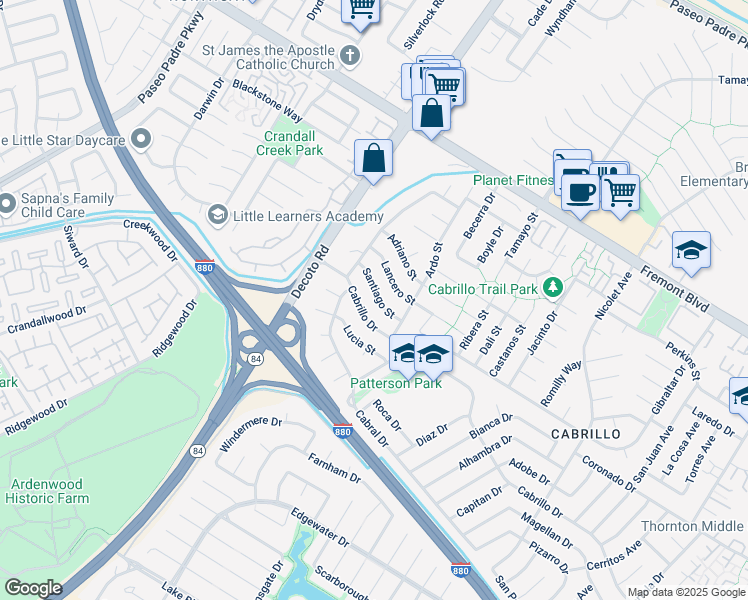 map of restaurants, bars, coffee shops, grocery stores, and more near 35225 Santiago Street in Fremont