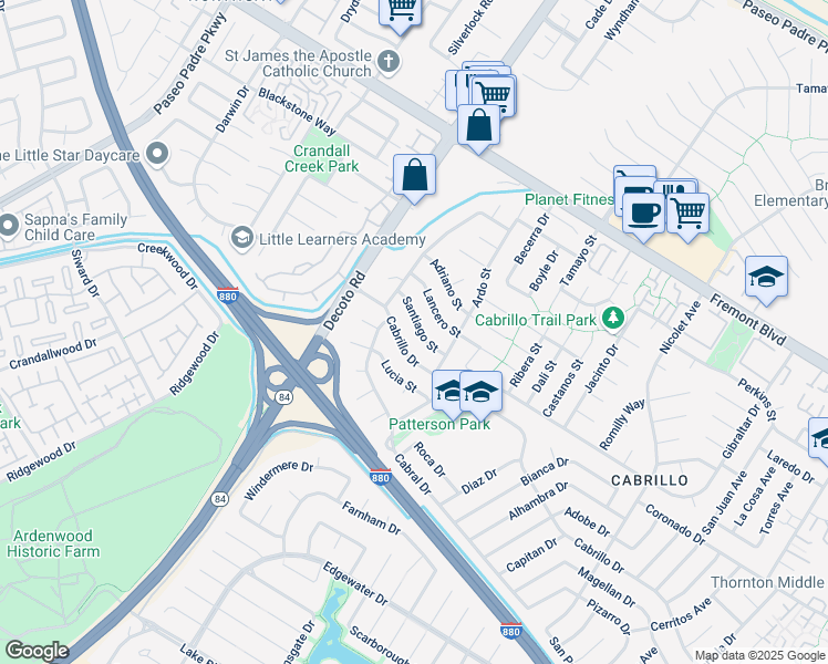 map of restaurants, bars, coffee shops, grocery stores, and more near 35225 Santiago Street in Fremont
