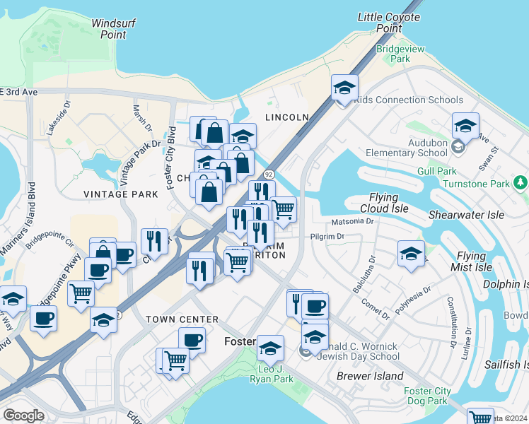 map of restaurants, bars, coffee shops, grocery stores, and more near 1153 Triton Drive in Foster City