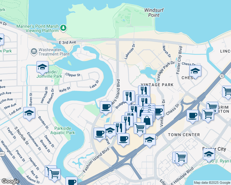 map of restaurants, bars, coffee shops, grocery stores, and more near 655 Mariners Island Boulevard in San Mateo