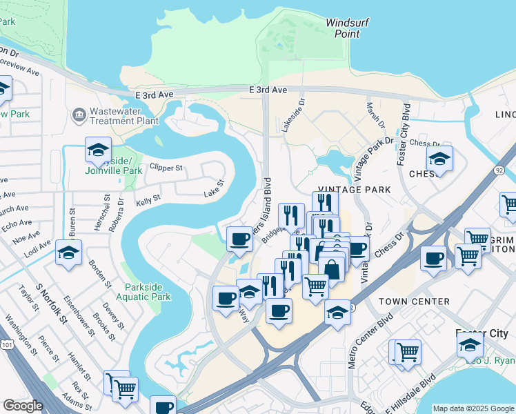 map of restaurants, bars, coffee shops, grocery stores, and more near 655 Mariners Island Boulevard in San Mateo