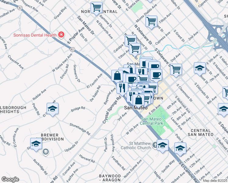 map of restaurants, bars, coffee shops, grocery stores, and more near 10 Crystal Springs Road in San Mateo