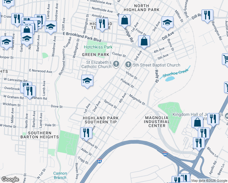 map of restaurants, bars, coffee shops, grocery stores, and more near 2502 3rd Avenue in Richmond