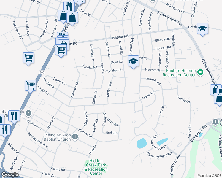 map of restaurants, bars, coffee shops, grocery stores, and more near 3006 Grambling Court South in Richmond