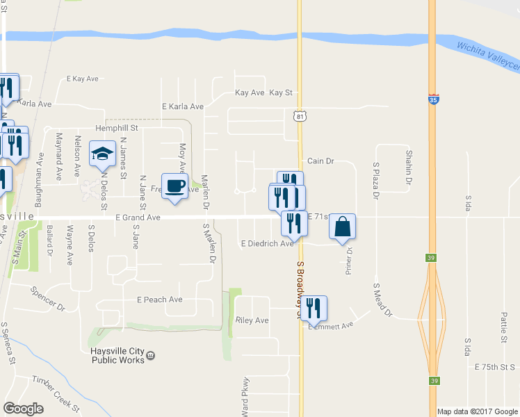 map of restaurants, bars, coffee shops, grocery stores, and more near 1306 East Grand Avenue in Haysville