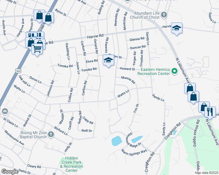 map of restaurants, bars, coffee shops, grocery stores, and more near 3106 Reynolds Road in Richmond