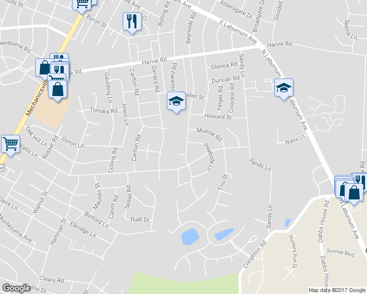 map of restaurants, bars, coffee shops, grocery stores, and more near 3106 Reynolds Road in Richmond