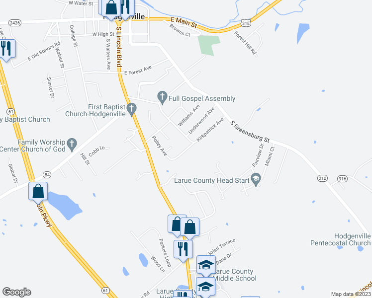 map of restaurants, bars, coffee shops, grocery stores, and more near 218 Vaughn Avenue in Hodgenville