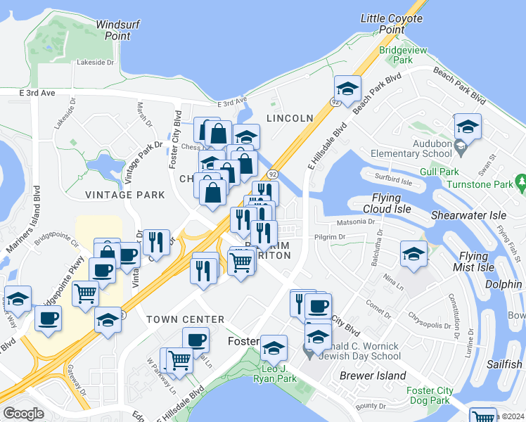 map of restaurants, bars, coffee shops, grocery stores, and more near 1153 Triton Drive in Foster City