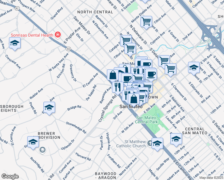 map of restaurants, bars, coffee shops, grocery stores, and more near 10 Crystal Springs Road in San Mateo