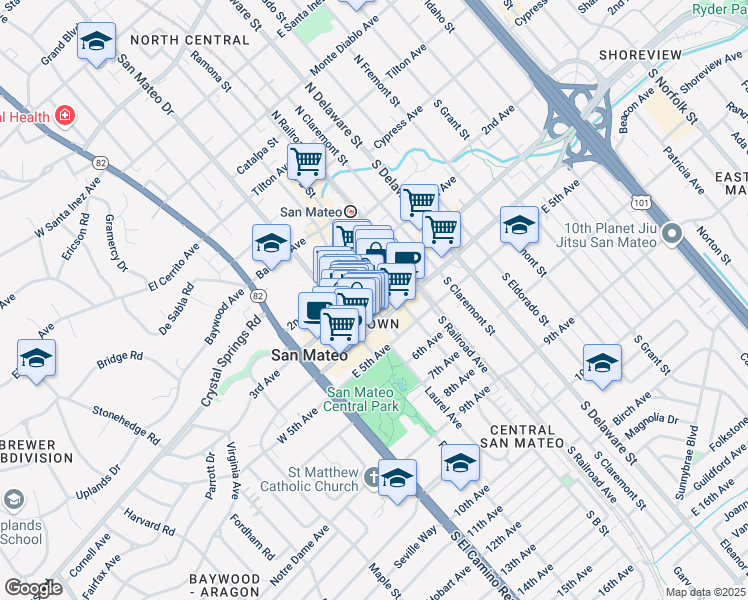 map of restaurants, bars, coffee shops, grocery stores, and more near 311 South Ellsworth Avenue in San Mateo