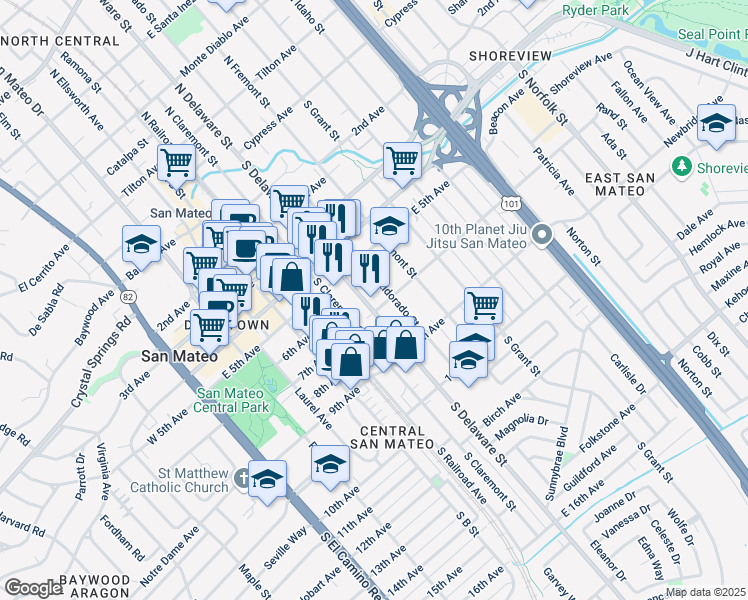 map of restaurants, bars, coffee shops, grocery stores, and more near 617 South Delaware Street in San Mateo
